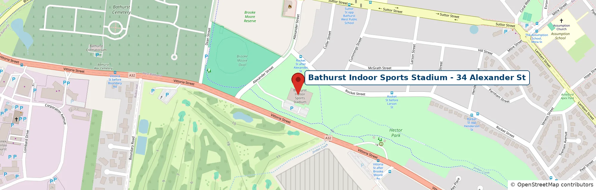 Map showing Bathurst Indoor Sports Stadium at 34 Alexander St, Bathurst NSW 2795